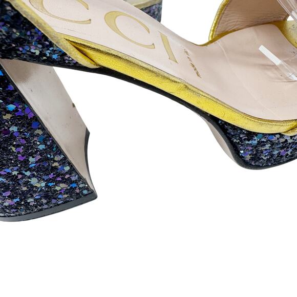 GUCCI Soko Bee Blue Glitter Platform Heels Gold
Trim Ankle Strap Size 38.5 - Picture 11 of 16